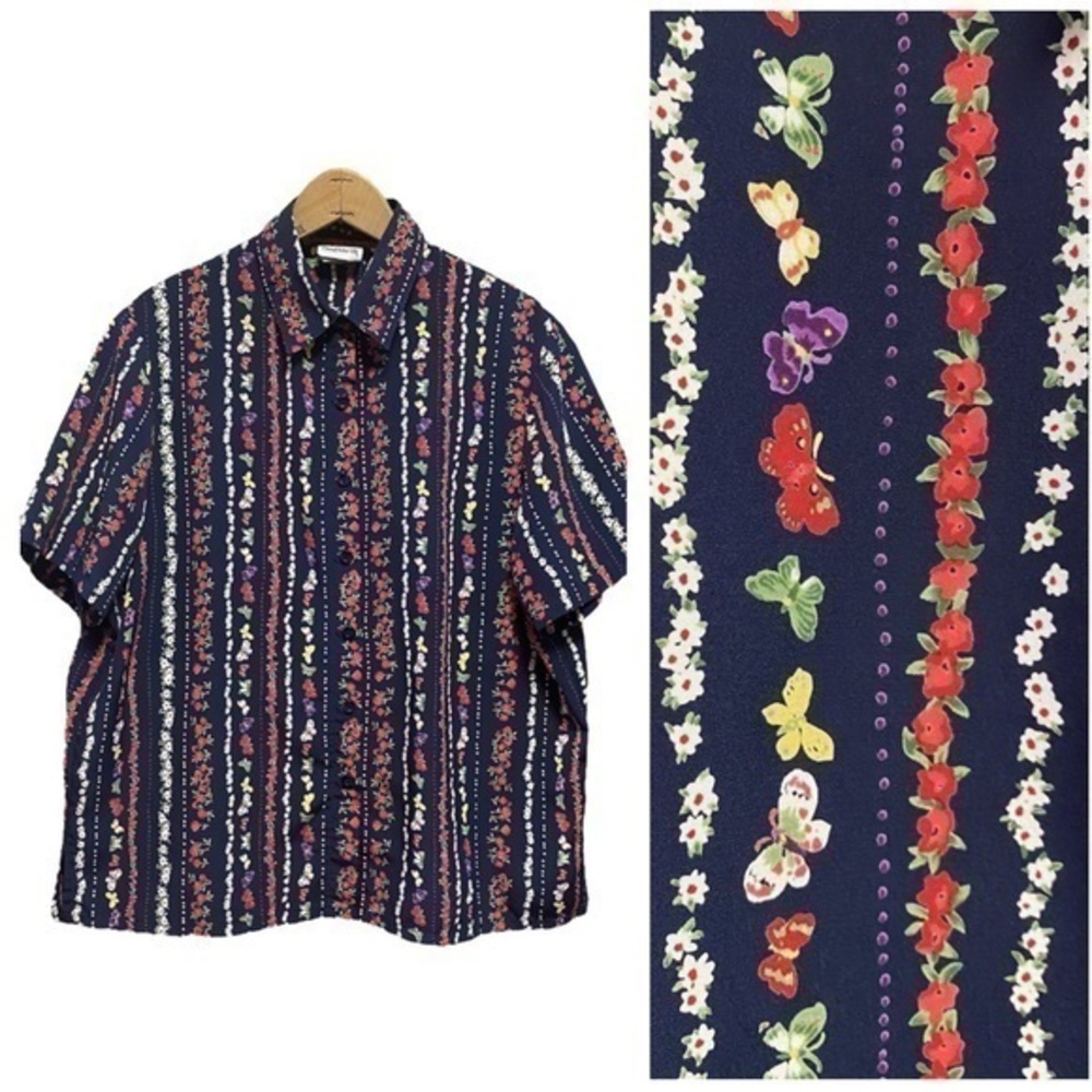 Vintage Bon Worth Navy Blue Floral Butterfly Print Button Down Grandma Shirt MP